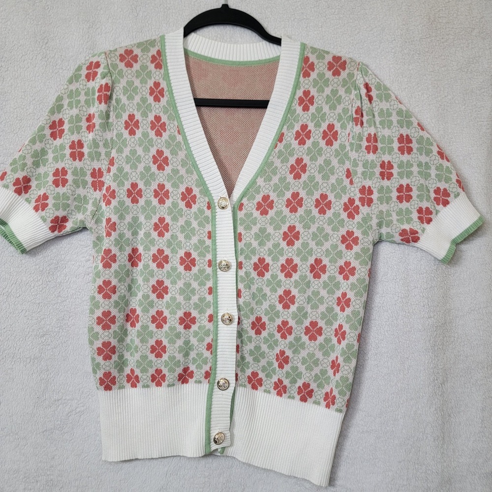 St Patricks Vtg V-neck Printed Fairycore Cardigan Green XS Clover Leaf Print